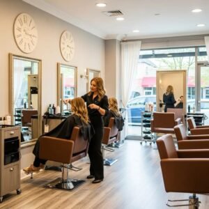 Stylish women's haircut and styling area in a modern salon, emphasizing personalized service and inviting atmosphere