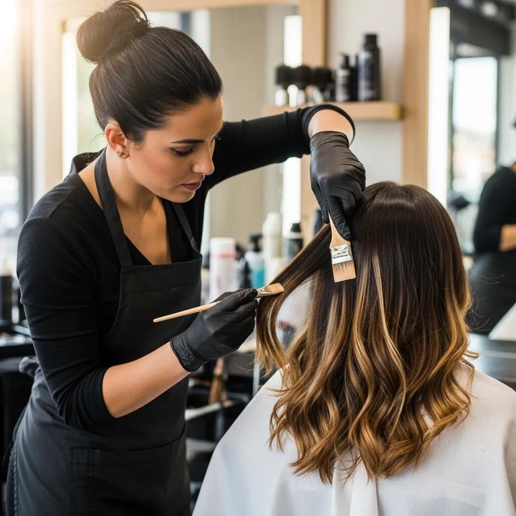 Stylist hand‑painting balayage highlights during a salon appointment