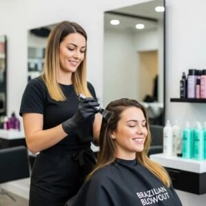 Stylist applying Brazilian Blowout treatment in a modern salon, highlighting hair smoothing solutions