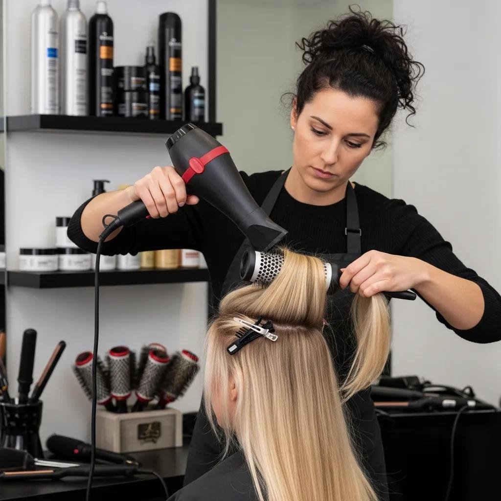 A stylist expertly blow-drying a client's hair to create a smooth, polished finish with volume