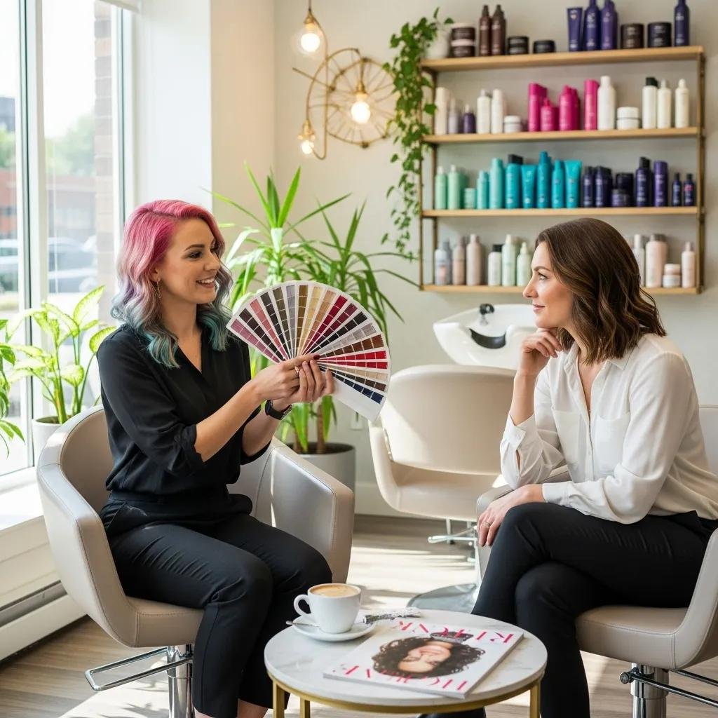Owner‑stylist consulting a client on personalized balayage options