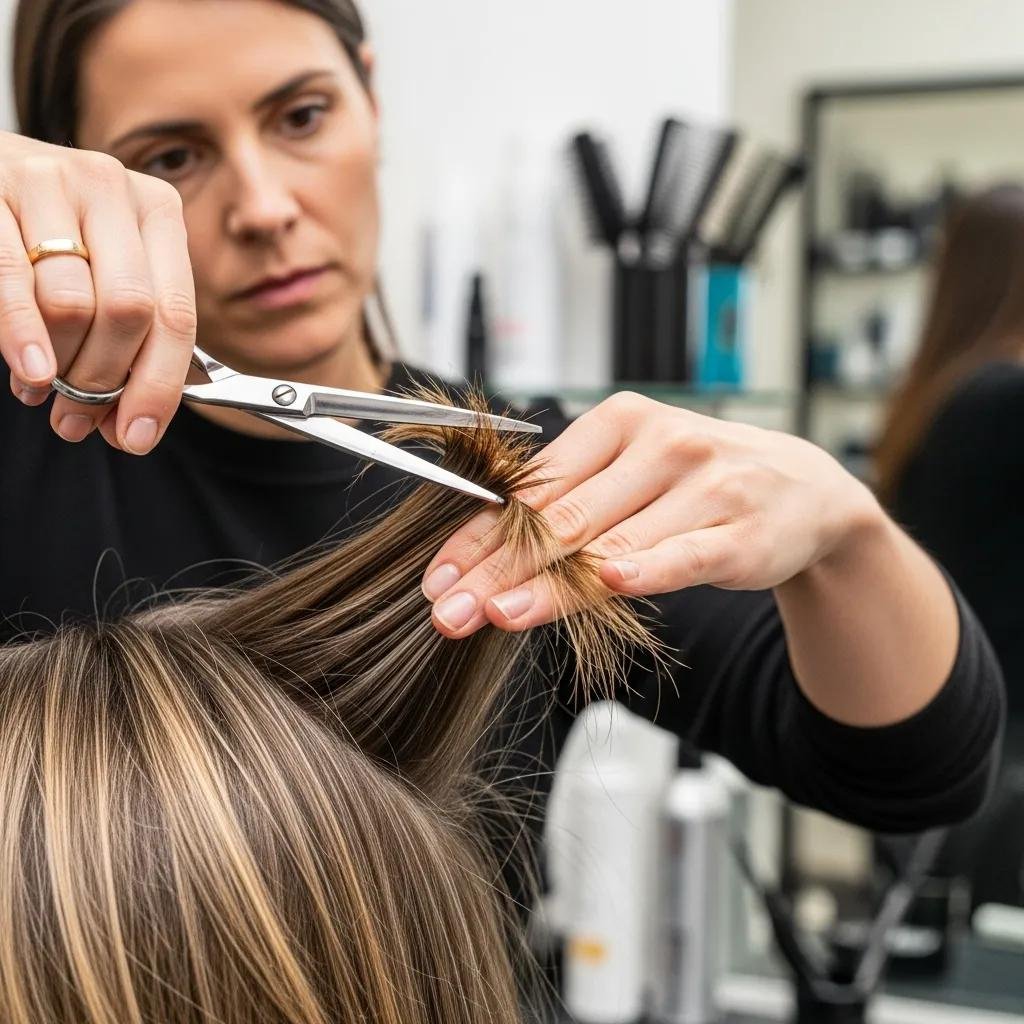 A stylist delivering a precision haircut, focusing on clean lines and the client's hair texture