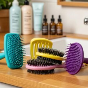 Variety of colorful detangling brushes on a bathroom counter with hair care products