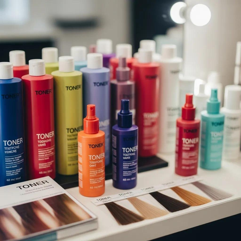 Assorted salon toners on a counter, used to neutralize brassiness after lightening