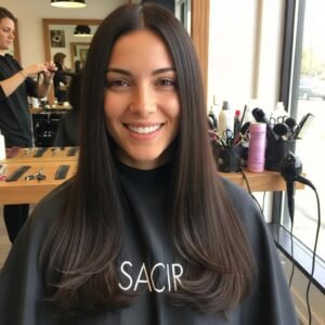 Woman with silky, frizz-free hair in a salon, showcasing the benefits of Brazilian Blowout treatments